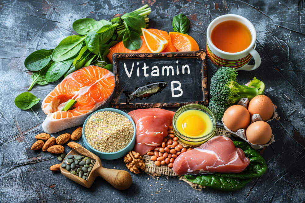 Vitamin B Rich Foods Including Salmon Vegetables and Nuts