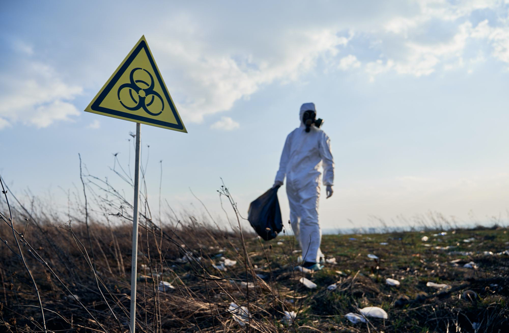 Ecologist standing in field with garbage and biohazard sign