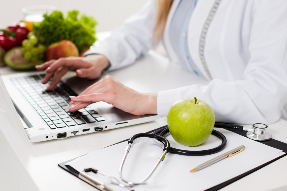 photo diet concept with female scientist and healthy food