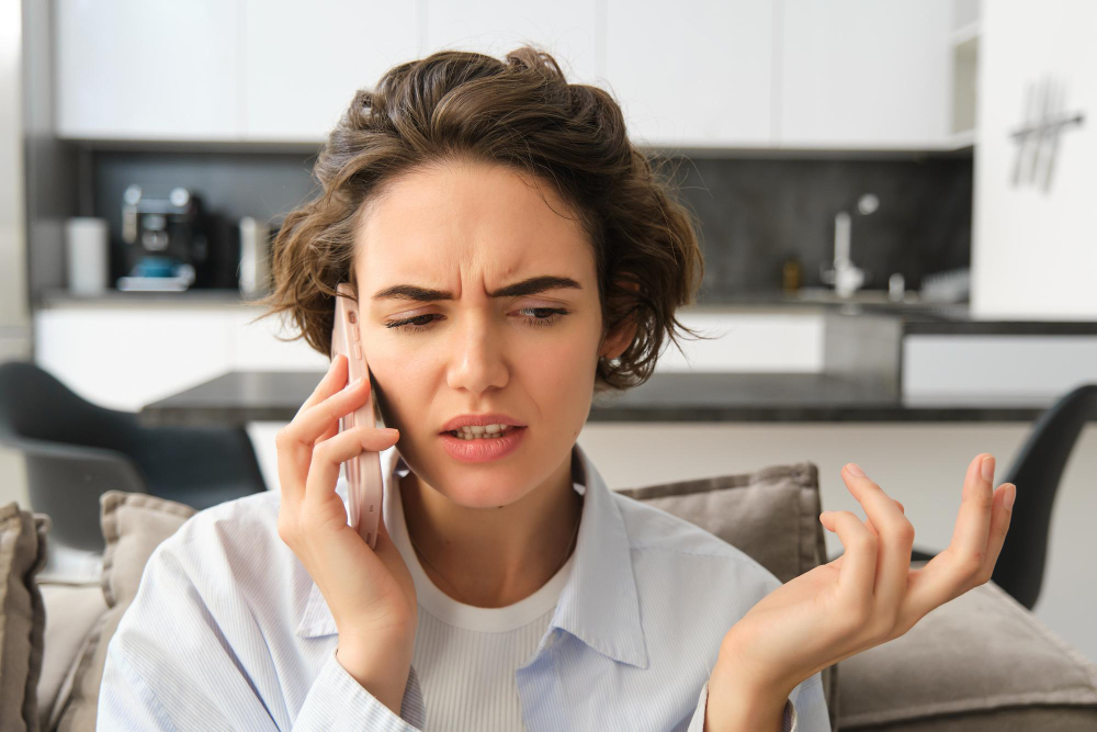 Free photo close up portrait of confused young woman answers phone call and shrugs looks puzzled while listens
