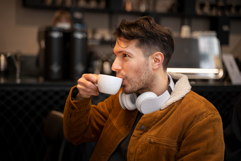 man drinking coffee at coffee shop