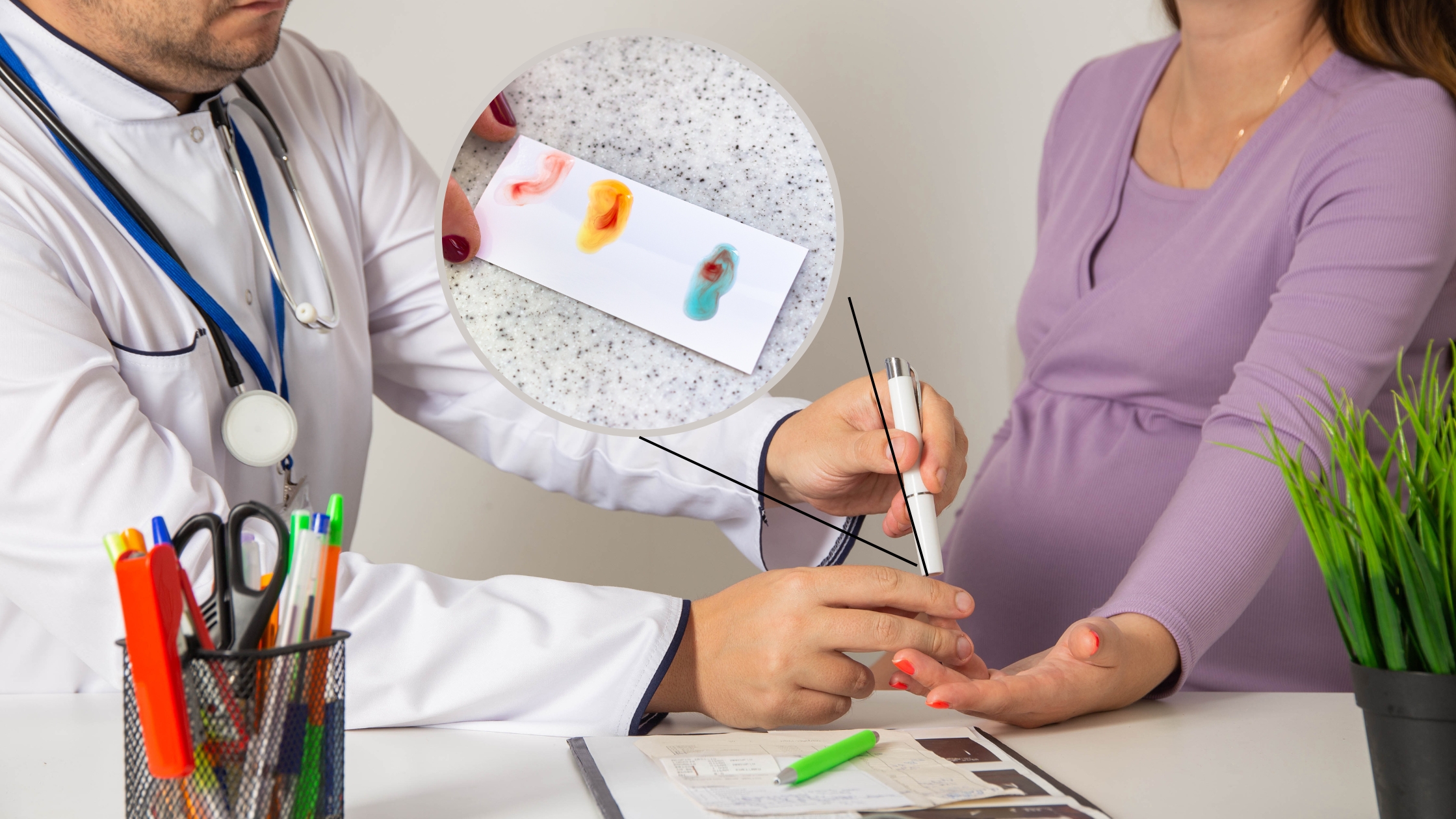 A doctor taking a pregnant woman's blood sample for RH incompatibility testing