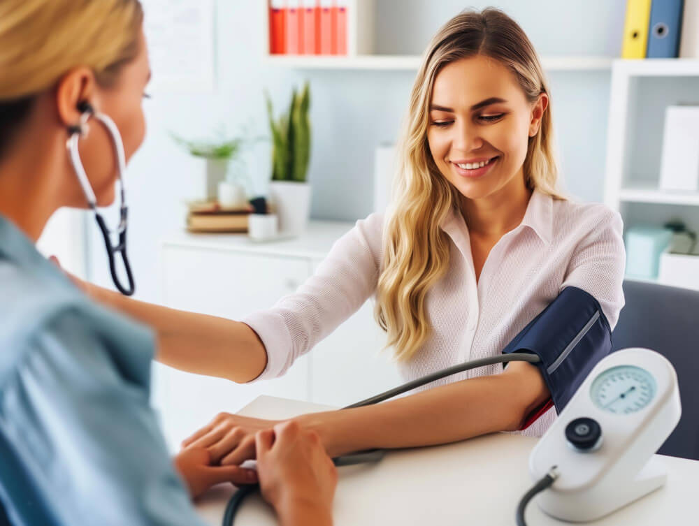 Female doctor measuring blood pressure of woman