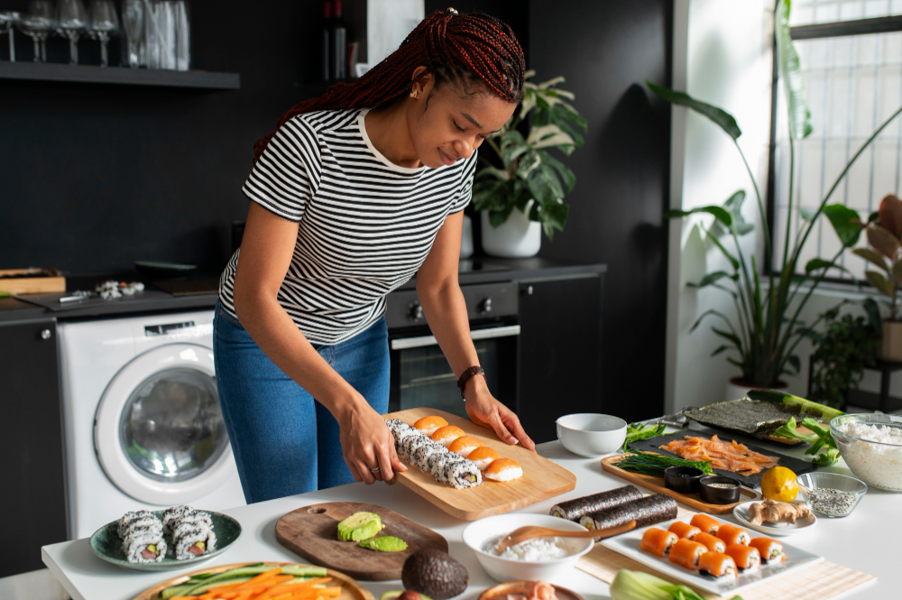 View of people learning how to make traditional sushi dish
